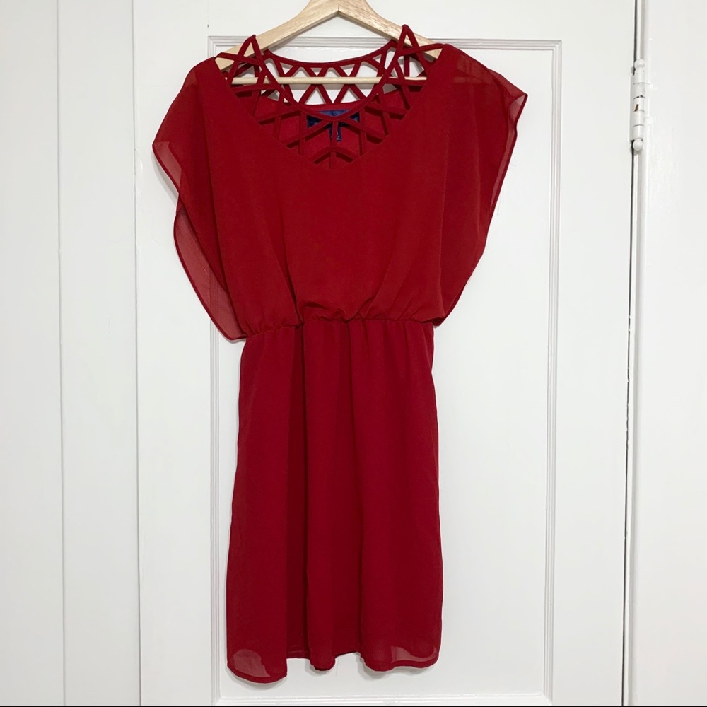 Red Cocktail/Party Dress with Geometric Neckline